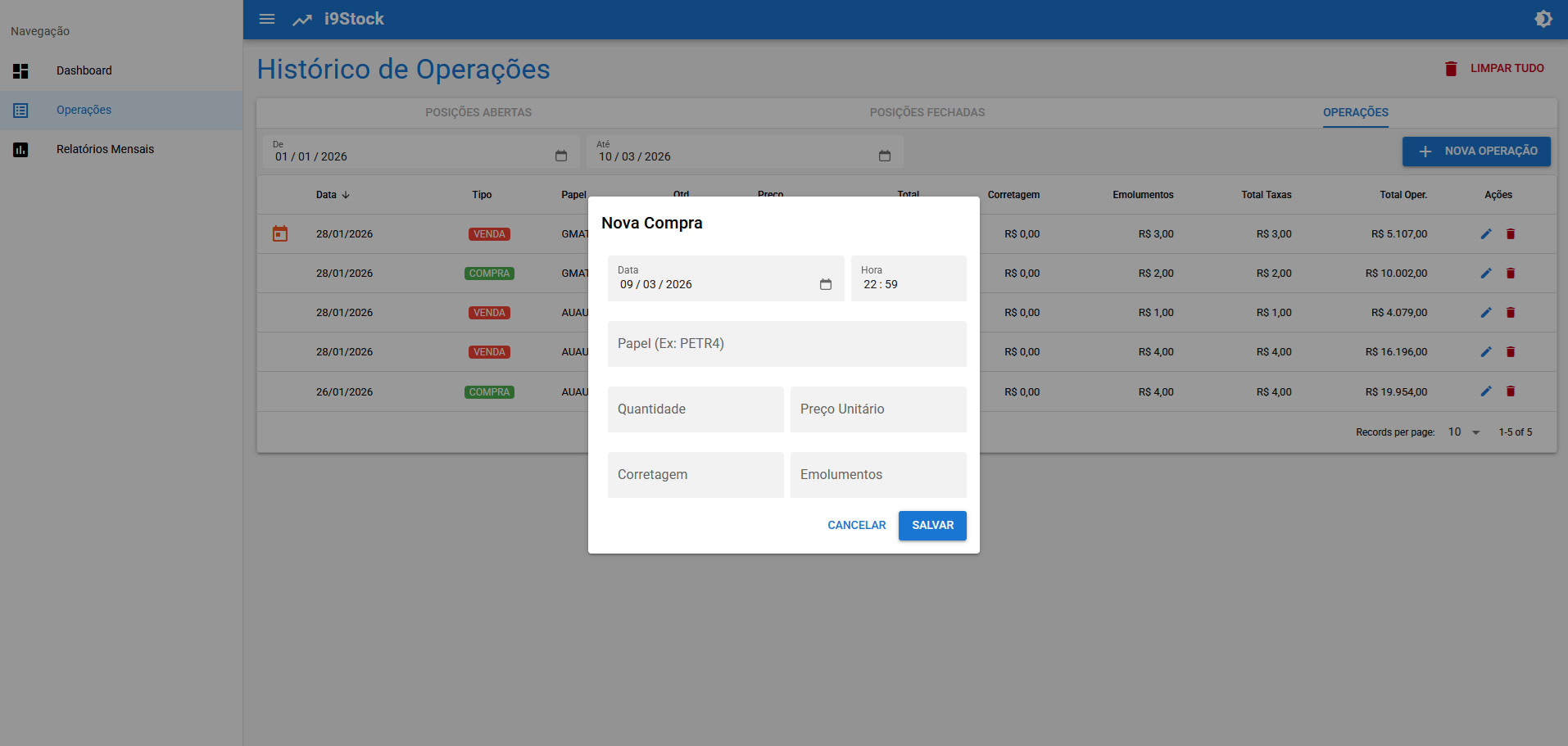 Tela de operação de compra do i9Stock